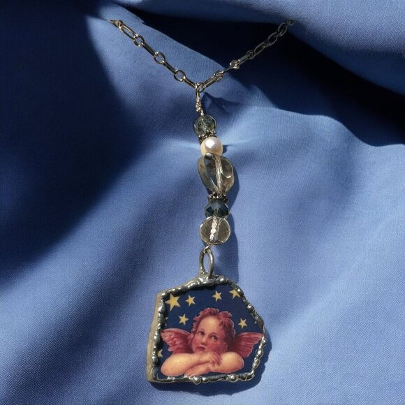 Cherub Broken China Pendant Caged in Silver Blend Metalwork with Crystal Beads - Picture 8 of 15